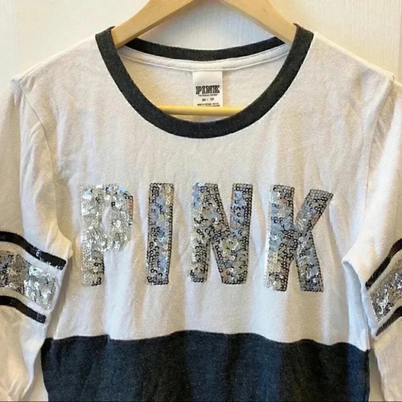 PINK Victoria’s Secret Sequin Top 3/4 Sleeve Baseball Tee White Black  Size XS - Picture 6 of 16